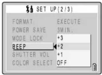 SET UP (2/3) FORMAT EXECUTE POWER SAVE 3MIN. MODE LOCK +3 BEEP +2 SHUTTER VOL +1 COLOR SELECT OFF