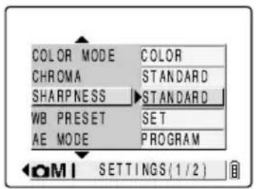 COLOR MODE: COLOR CHROMA: STANDARD SHARPNESS: STANDARD WB PRESET: SET AE MODE: PROGRAM OPTIONS (1/2)