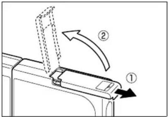 Diagram showing a device with labeled parts and directional arrows, likely illustrating a process or assembly.