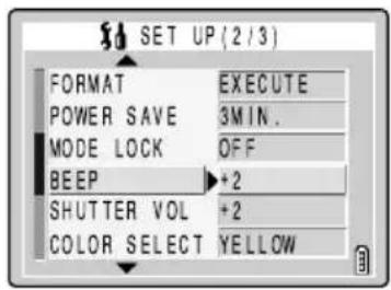 SET UP (2/3) FORMAT EXECUTE POWER SAVE 3MIN. MODE LOCK OFF BEEP +2 SHUTTER VOL +2 COLOR SELECT YELLOW