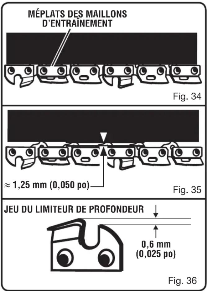 Méplats des maillons d'entraînement. Fig. 34. ≈ 1,25 mm (0,050 po). Fig. 35. Jeu du limiteur de profondeur 0,6 mm (0,025 po). Fig. 36