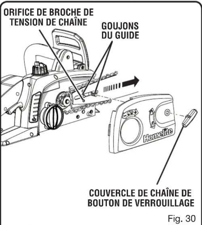 Orifice de broche de tension de chaîne, goujons du guide. Homelite. Couvercle de chaîne de bouton de verrouillage. Fig. 30