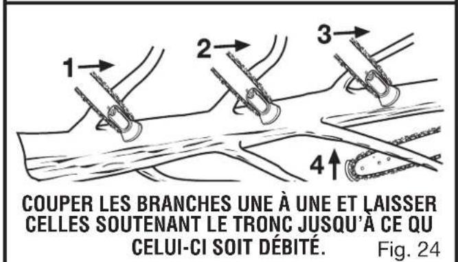 Couper les branches une à une et laisser celles soutenant le tronc jusqu'à ce que celui-ci soit débité. Fig. 24