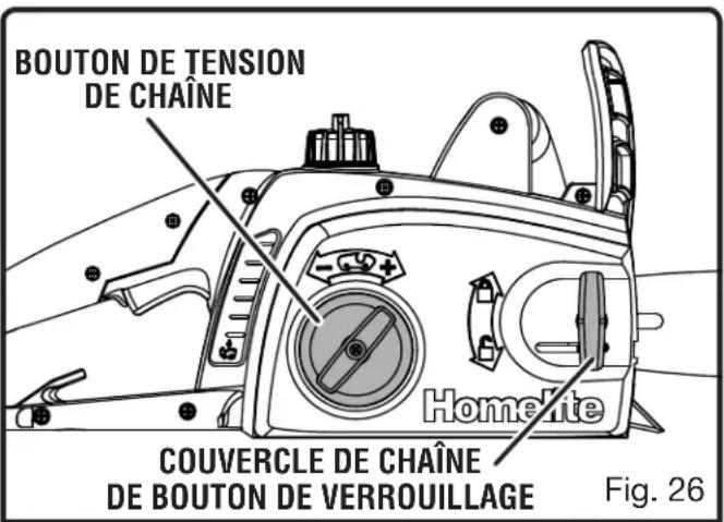 Bouton de tension de chaîne, couvercle de chaîne, bouton de verrouillage. Homelite. Fig. 26