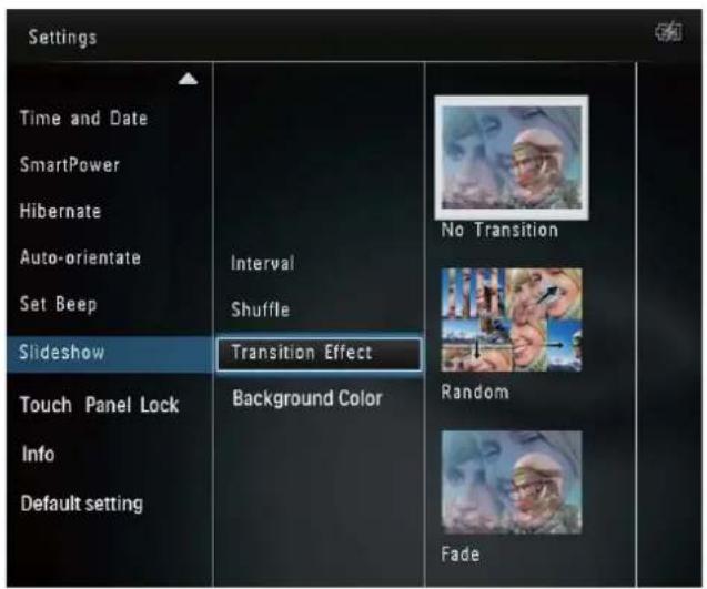 Settings Time and Date SmartPower Hibernate Auto-orientate Set Beep Slideshow Touch Panel Lock Info Default setting Interval Shuffle Transition Effect Background Color No Transition Random Fade