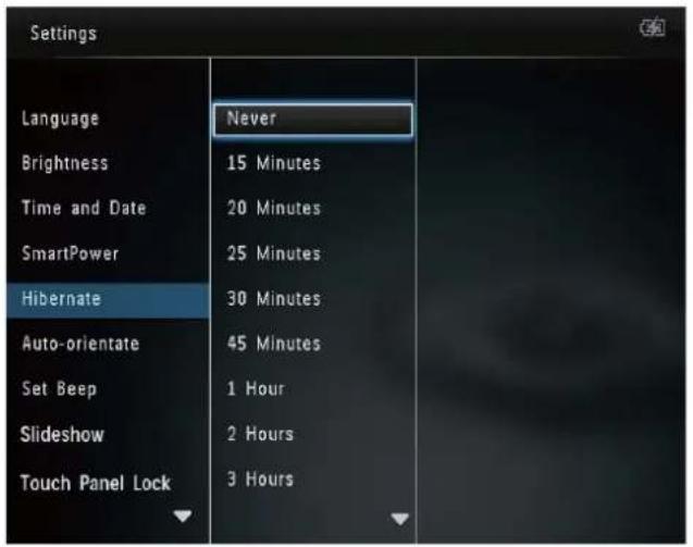 Settings Language Brightness Time and Date SmartPower Hibernate Auto-orientate Set Beep Slideshow Touch Panel Lock Never 15 Minutes 20 Minutes 25 Minutes 30 Minutes 45 Minutes 1 Hour 2 Hours 3 Hours