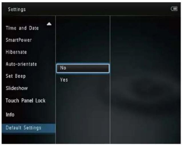Settings Time and Date SmartPower Hibernate Auto-orientate Set Beep Slideshow Touch Panel Lock Info Default Settings No Yes