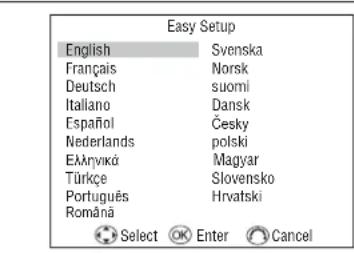 Easy Setup English Svenska Français Norsk Deutsch suomi Italiano Dansk Español Česky Nederlands polski Eλληνικά Magyar Türkçe Slovensko Português Hrvatski Románá Select Enter Cancel