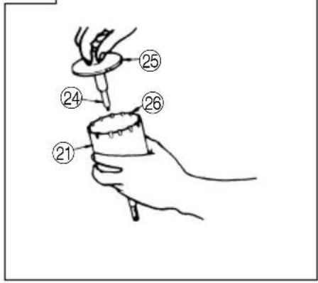 Diagram showing a hand holding a small object with numbered parts labeled 21 to 26, likely illustrating a procedure or step in a technical or educational context.