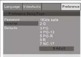 Language VideoAudio Preference Setup Page Password 1Kids safe Parental 2G Defaults 3PG 4 PG-13 5 PG-R 6 R 7 NC-17 8 Adult