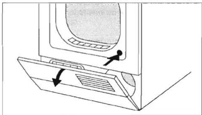Diagram of a device with a door and ventilation slots, showing a person interacting with the lid (no text or symbols present)