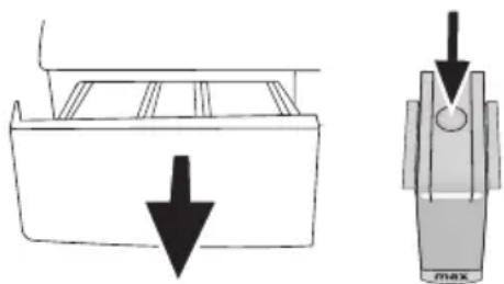 Technical diagram showing a mechanical component with a downward arrow and a magnified view of its top component (no text or symbols)