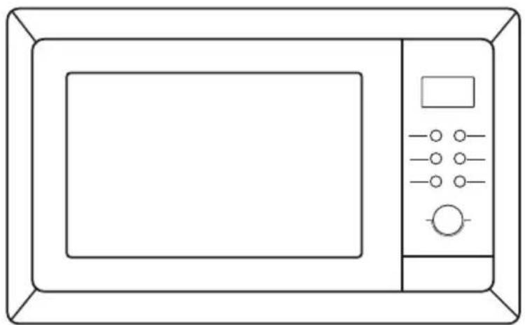 Line drawing of a microwave oven with control panel and buttons (no text or symbols)