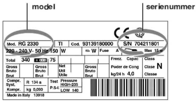 model serienummer Mod. RG 2330 TI Cod. 93139180000 S/N 704211801 220 - 240 V- 50 Hz 150 W W Fuse A Max 15 w Total 340 75 Gross Bruto Brut Gross Bruto Brut Net Util Utile Gross Bruto Brut Freez. Capac Poder de Cong kg/24 h 4,0 Class N Classe Compr. R 134 a Test Pressure HIGH-235 Syst. Kompr. kg 0,090…
