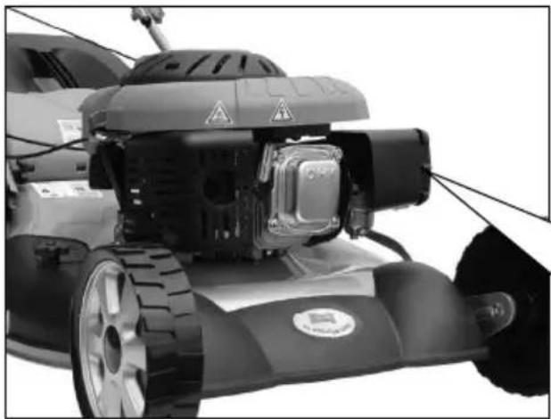 Close-up of a lawn mower with visible battery and mounting bracket (no text or symbols)