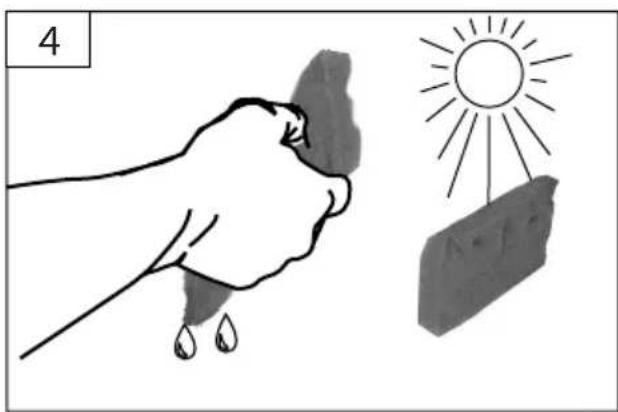 Illustration of a hand holding a bird with water droplets, next to a sun and a rock (no text or symbols)