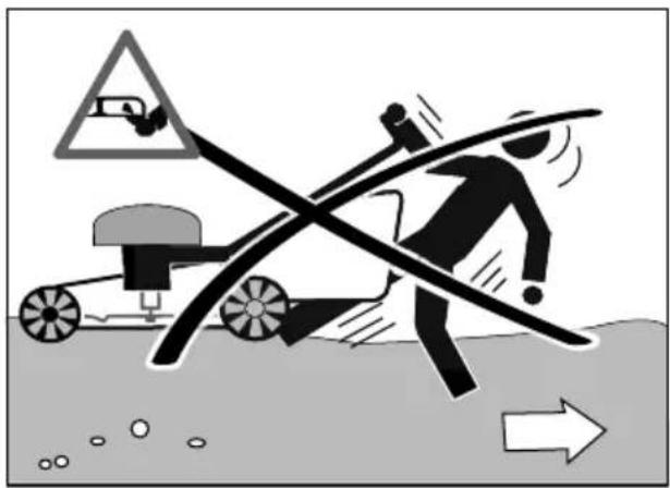 Illustration of a person crossing a road with a construction vehicle and warning sign (no text or symbols)