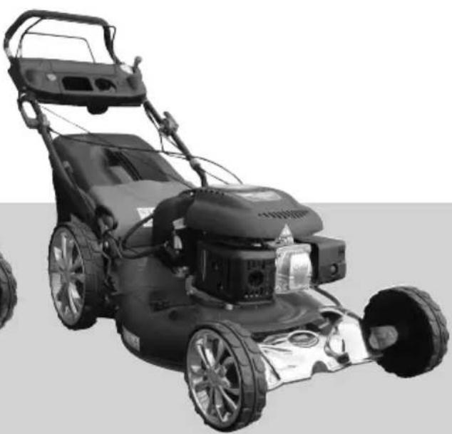 Black-and-white photo of a lawn mower with visible wheels and headrest (no text or symbols)