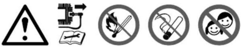 Safety warning symbols including warning triangle, circuit diagram, cigarette, fire extinguisher, no smoking, and smiling child