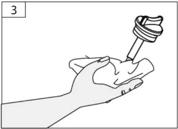 Line drawing of a hand holding a small object with a pipette inserted, no text or symbols present