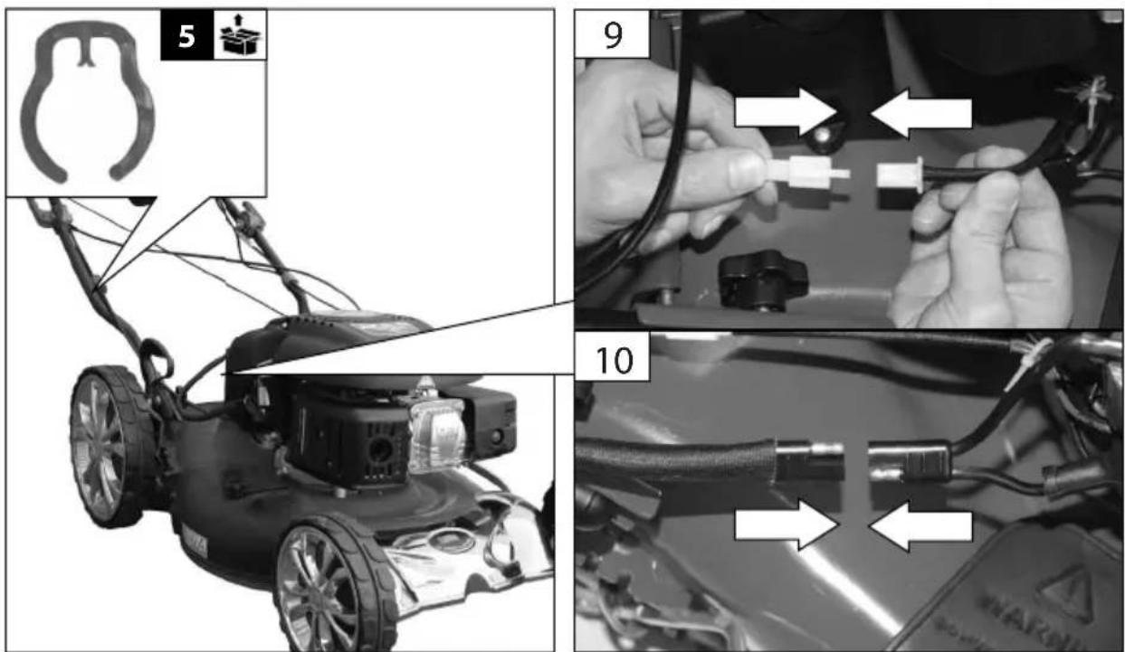 Diagram showing a lawn mower with labeled parts and wiring, including parts numbered 5, 9, and 10.