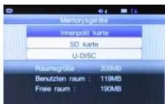 Memorysergritte Innerpolit karte SD karte U-DISC Raumsgrolle : 300MB Benutzten raum : 119MB Freie raum : 190MB