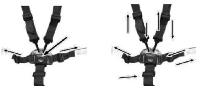 Two identical diagrams showing a belt buckle assembly with arrows indicating force direction (no text or symbols present)