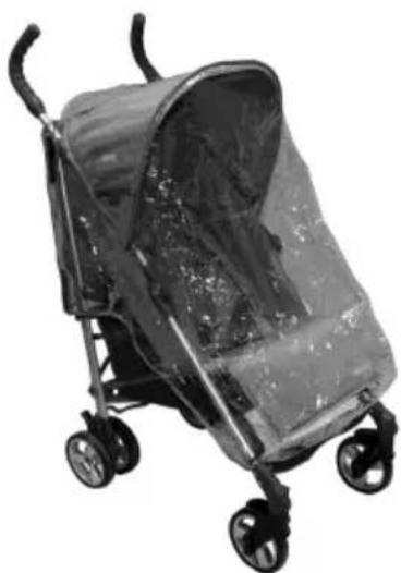 Black and white photo of a baby stroller with wheels and a covered cover (no text or symbols visible)