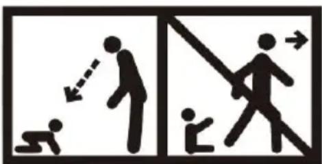Safety warning illustration showing pictograms of human walking and climbing a dog, with directional arrows indicating movement.