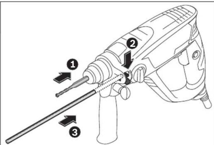 Technical diagram of a drill bit with numbered parts and directional arrows indicating tool path or movement.