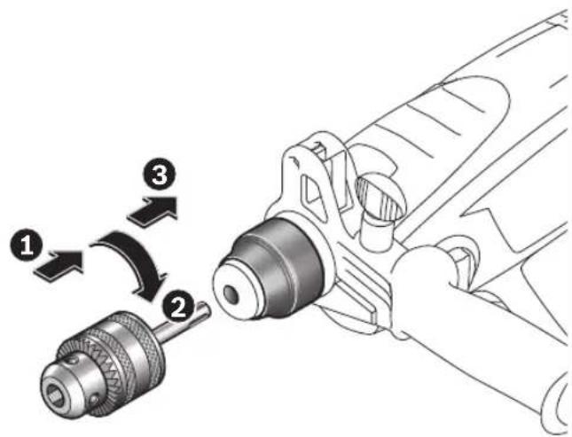 Technical diagram showing three-step assembly of a drill bit with labeled parts 1, 2, and 3.