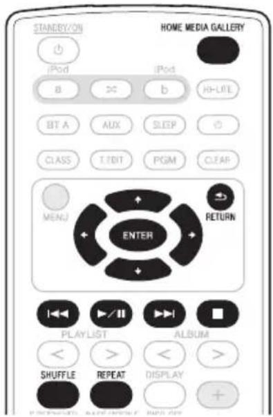 STANERY/ON HOME MEDIA GALLERY iPod a b H-URE BT A AUX SLEEP C IASS T.EDIT PGM CLEAR MENU ENTER RETURN PLAYLIST ALBUM < > < > SHUFFLE REPEAT DISPLAY +