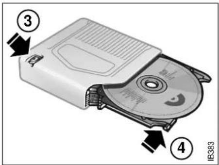 Diagram of a CD or DVD disc with numbered parts and directional arrows indicating components
