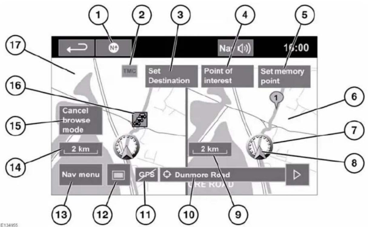17 2 3 4 5 10:00 TMC Set Destination Point of interest Set memory point 16 Cancel browse mode 2 km 2 km 15 Nav menu GPS Dunmore Road URE ROAD 14 13 12 11 10 9 6 7 8 E134955