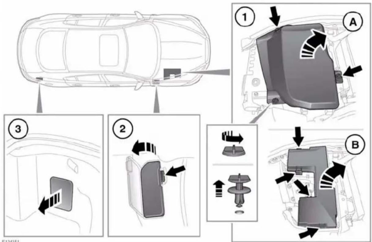 Diagram illustrating car interior and door seat assembly steps with labeled parts A, B, and C