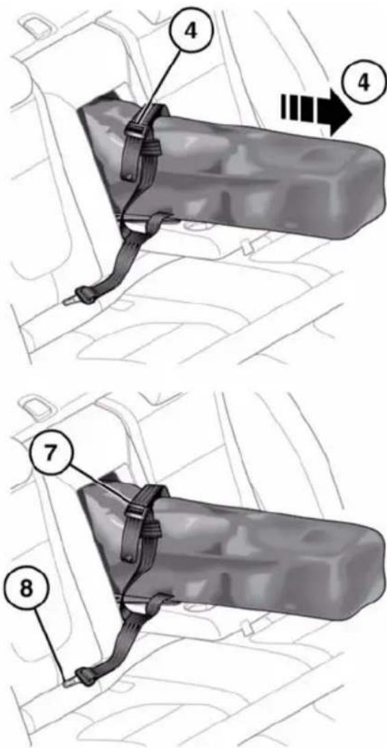 Technical diagram showing car seatbelt mounting instructions with numbered parts and directional arrow
