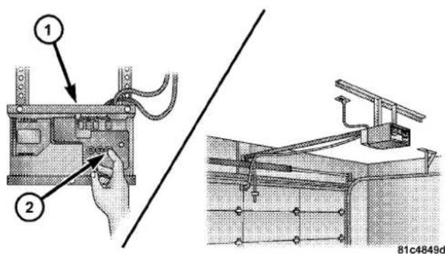 Technical diagram showing a hand operating a switch labeled '1' and panel 2, alongside a close-up of a mechanical assembly with components and wiring.
