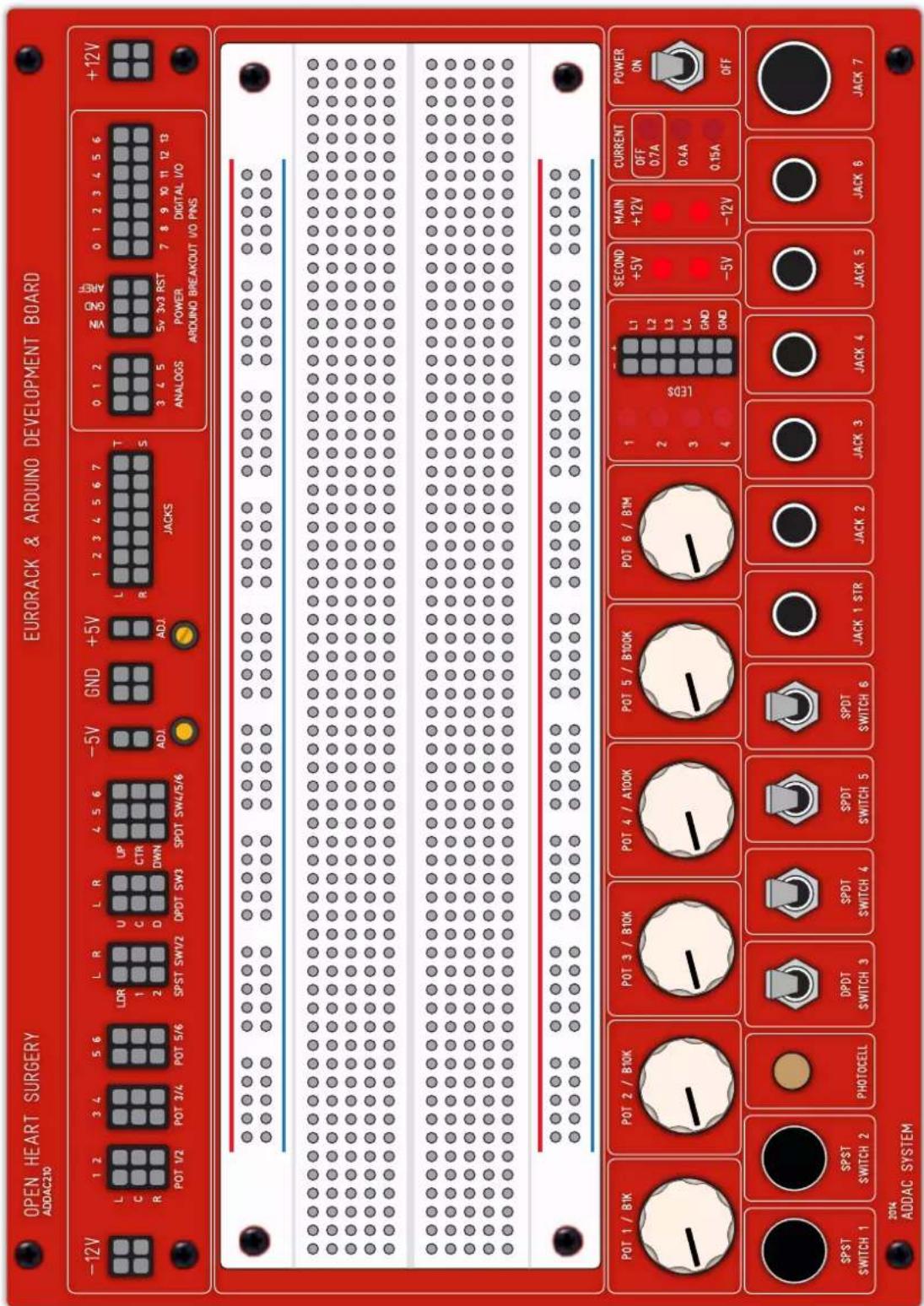 OPEN HEART SURGERY ADDAC210 EURORACK & ARDUINO DEVELOPMENT BOARD -12V L C R POT 1/2 1 2 3 4 5 6 SPST SW1/2 LDR 1 2 3 4 5 6 UP C D SPDT SW3 ADJ GND +5V ADJ JACKS 1 2 3 4 5 6 7 T S 0 1 2 3 4 5 ANALOGS WIN GND ANDRST 5v 3v3 RST POWER ARDUINO BREAKOUT V/O PINS 0 1 2 7 8 9 10 11 12 13 DIGITAL I/O +12V POT 1 / B1K SPST SWITCH 1 SPST SWITCH 2 PHOTOCELL SPDT SWITCH 3 DPDT SWITCH 4 SPDT SWITCH 5 SPDT SWITCH 6 JACK 1 STR JACK 2 JACK 3 JACK 4 JACK 5 JACK 6 JACK 7 2014 ADDAC SYSTEM
