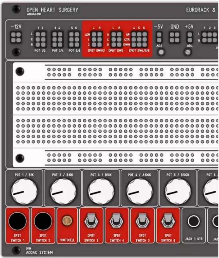 OPEN HEART SURGERY ADDAC210 EURORACK & -12V 1 2 3 4 5 6 L R L R 4 5 6 -5V GND +5V 1 2 3 L C R POT 1/2 POT 1/4 POT 1/6 LDR U UP 1 C C D DWN SPST SWV2 DPOT SW3 SPOT SW4/5/6 ADJ ADJ POT 1 / B1K POT 2 / B10K POT 3 / B10K POT 4 / A100K POT 5 / B10CK POT 6 SPST SWITCH 1 SPST SWITCH 2 PHOTOCCELL DPOT SWITCH 3 SPOT SWITCH 4 SPOT SWITCH 5 SPOT SWITCH 6 JACK 1 STR JACK ONM ADDAC SYSTEM