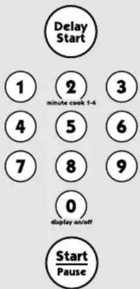 Delay Start 1 2 3 minute cook 1-4 4 5 6 7 8 9 0 display on/off Start Pause