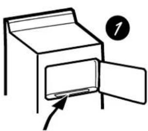 Simple line drawing of a cabinet with an open door and an arrow pointing to the interior panel. No text or symbols.