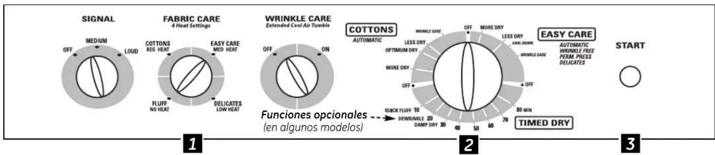 SIGNAL FABRIC CARE 4 Heat Settings COTTONS REG. HEAT EASY CARE MED. HEAT FLUFF NO HEAT DELICATES LOW HEAT OFF ON WRINKLE CARE Extended Coal Air Tumble COTTONS AUTOMATIC WRRNLE CARE LESS DRY OPTIMUM DRY MORE DRY OFF QUICK FLUFF 10 DEWRINKLE 20 DAMP DRY 30 OFF MORE DRY LESS DRY COOL DOWN WRINKLE CARE EASY CARE AUTOMATIC WRINKLE FREE PERM. PRESS DELICATES 80 MIN 78 TIMED DRY EASY CARE START Funciones opcionales -- → (en algunos modelos)