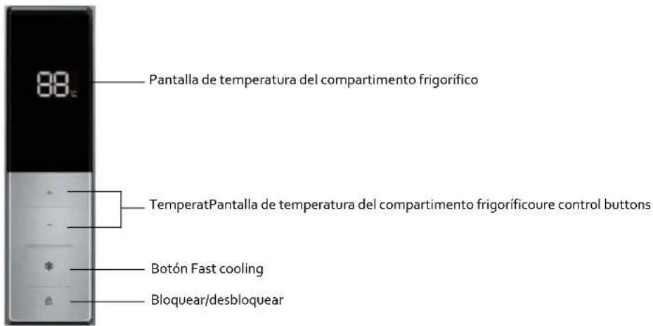 88° Pantalla de temperatura del compartimento frigorífico TemperatPantalla de temperatura del compartimento frigoríficoure control buttons Botón Fast cooling Bloquear/desbloquear