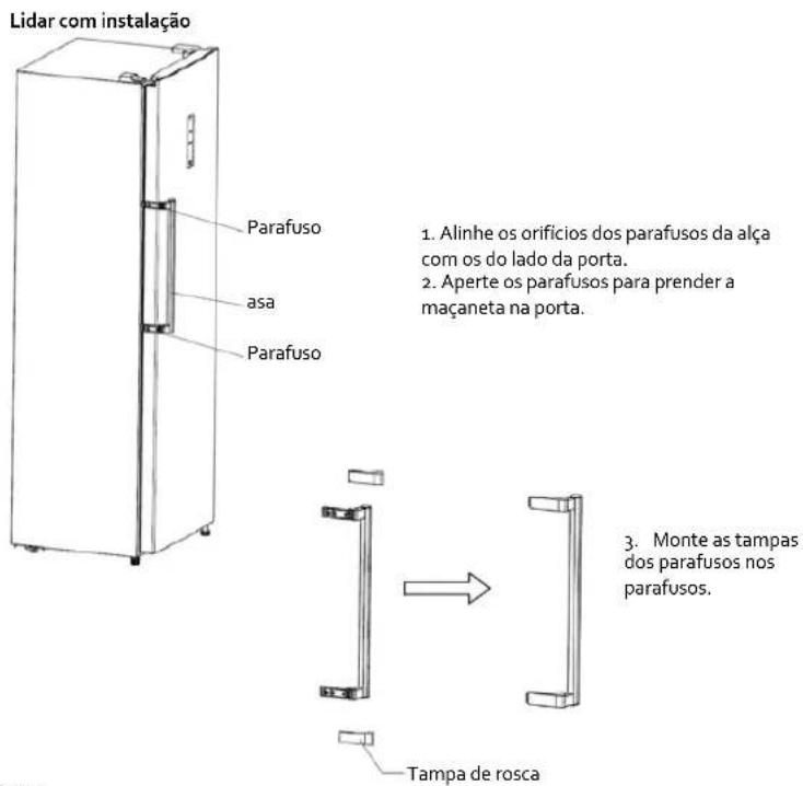 Lidar com instalação Parafuso asa Parafuso 1. Alinhe os orifícios dos parafusos da alça com os do lado da porta. 2. Aperte os parafusos para prender a maçaneta na porta. 3. Monte as tampas dos parafusos nos parafusos. Tampa de rosca