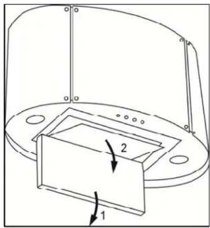 Technical diagram showing a mechanical component with labeled parts 1 and 2, likely illustrating a cutting or assembly process.