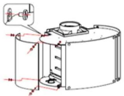 Technical diagram of a mechanical device with labeled components and red annotations indicating parts of the main body.