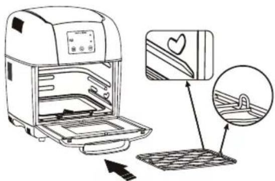 Diagram showing a food oven with an air conditioner and its internal staircase, accompanied by a close-up of the interior detail.