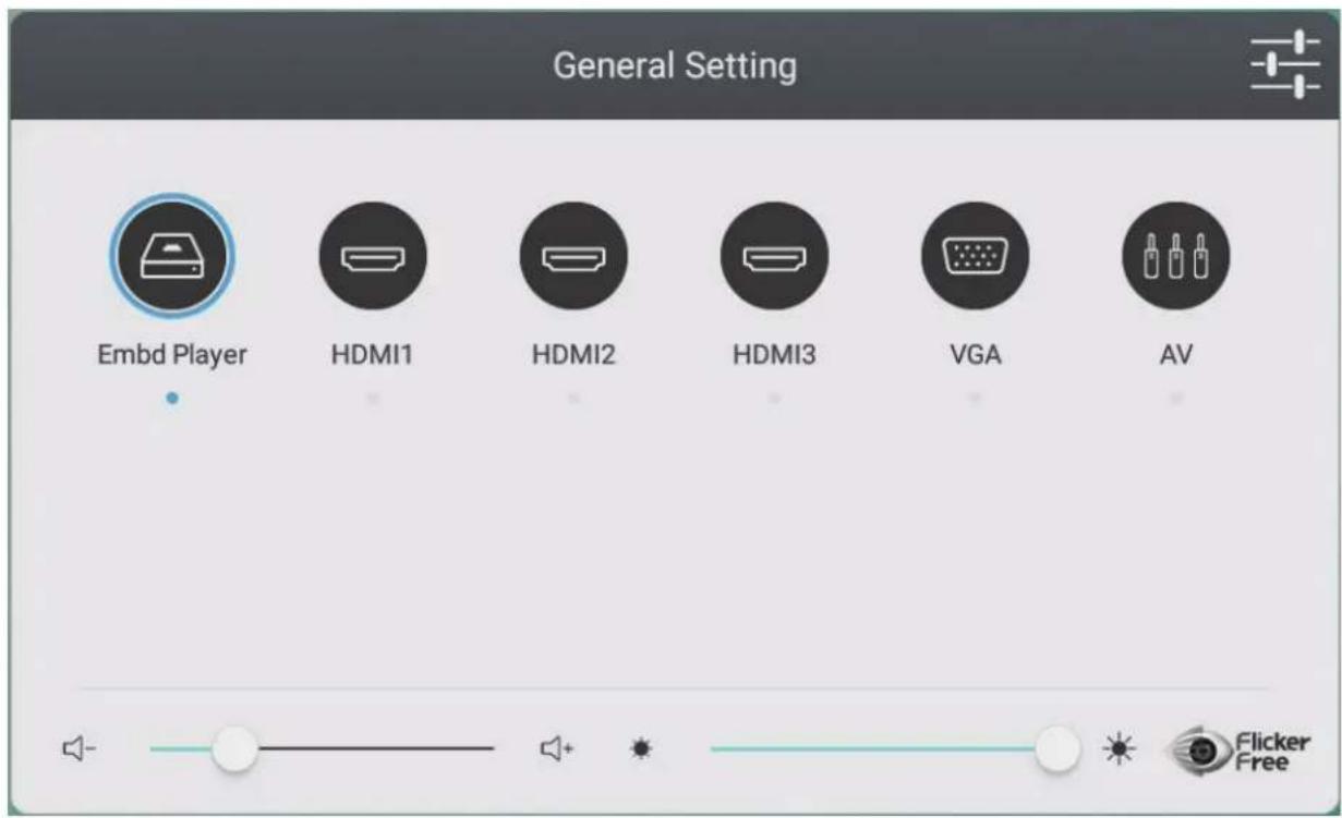 General Setting Embed Player HDMI1 HDMI2 HDMI3 VGA AV Flicker Free