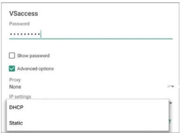 VSaccess Password .......... Show password ✓ Advanced options Proxy None IP settings DHCP Static