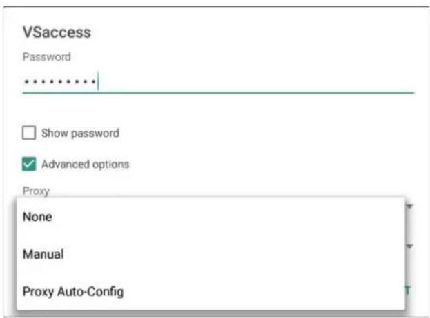 VSaccess Password ****** Show password ✓ Advanced options Proxy None Manual Proxy Auto-Config